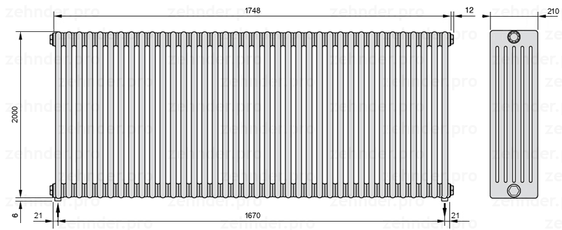 Схема (чертеж) Радиатор Zehnder Charleston 6200/38 №3570 Белый глянцевый RAL 9016